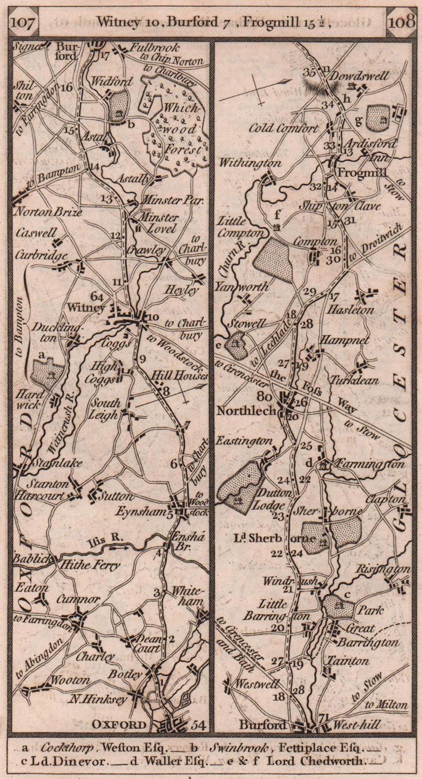 Oxford-Witney-Burford-Northleach-Frogmill road strip map PATERSON 1803 old